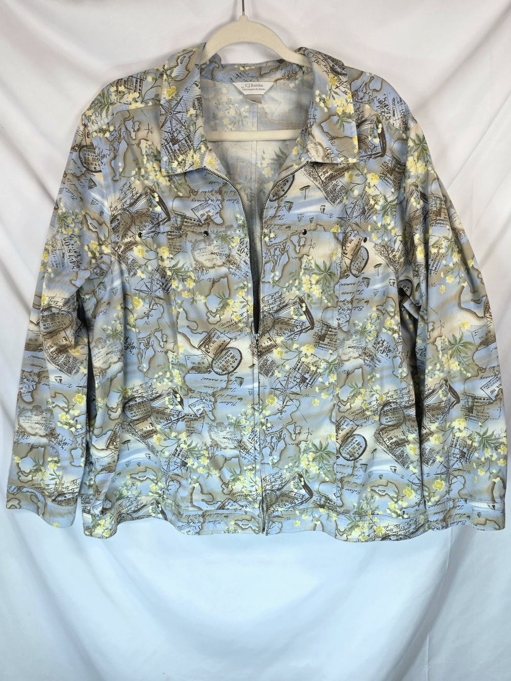 CJ Banks Womens Zip Up Jacket 1X XL Map Print Vintage Travel Floral Lightweight